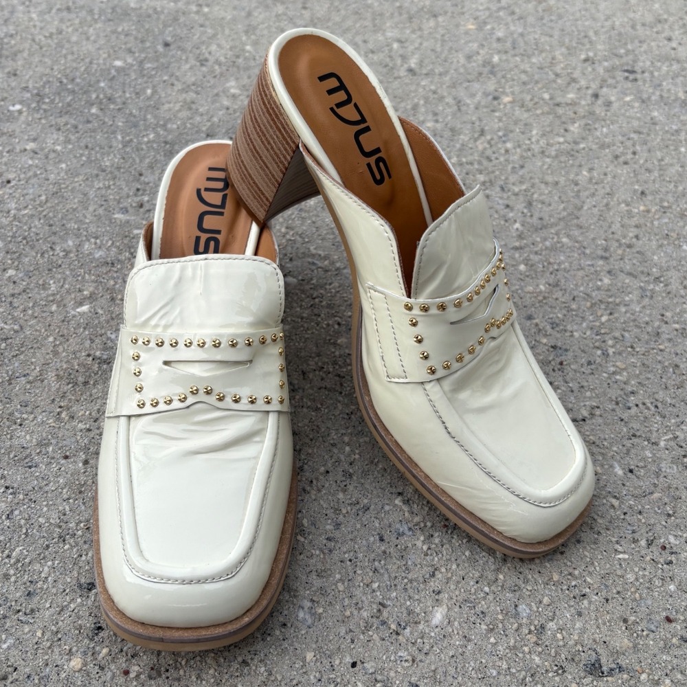 Mjus Cream Patent Leather Studded Penny Loafer Mules Block Heel Square Toe 39